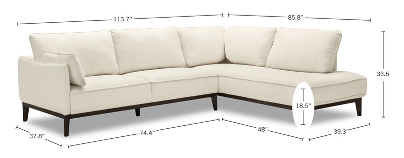 Cindy Crawford Home Gena 2-Piece Right-Facing Linen-Look Fabric Sectional with Wood Legs - Cotton White