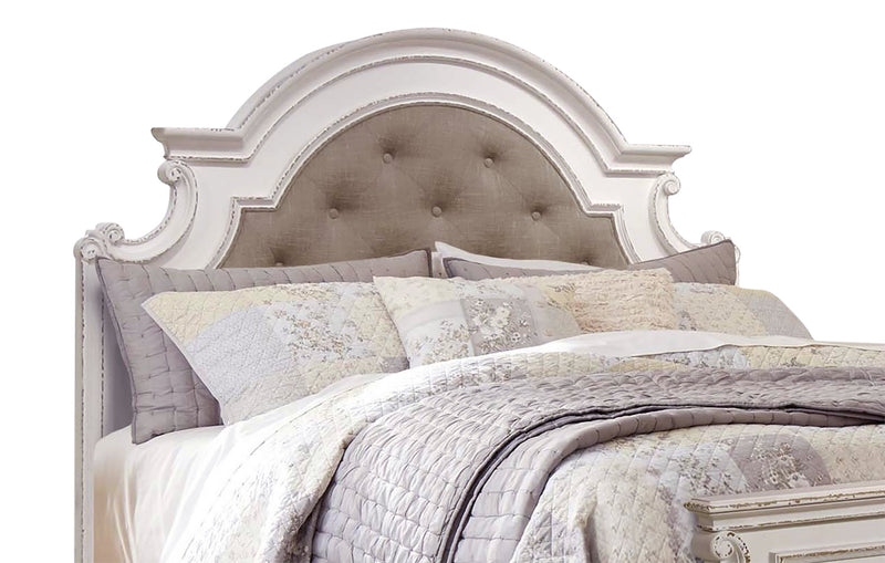 Grace Panel Bed with Headboard & Frame, Wooden, Fabric, Antique White - King Size