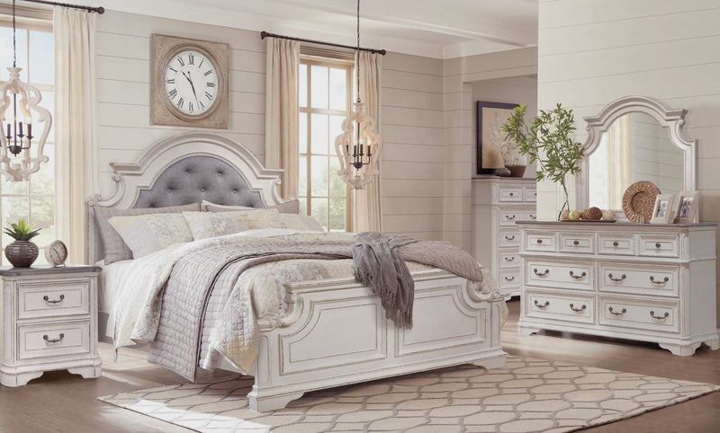 Grace Panel Bed with Headboard & Frame, Wooden, Fabric, Antique White - King Size