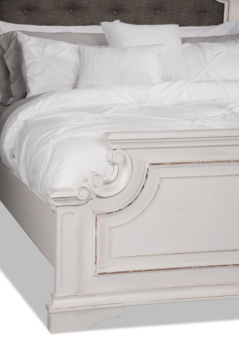 Grace Panel Bed with Headboard & Frame, Wooden, Fabric, Antique White - Queen Size