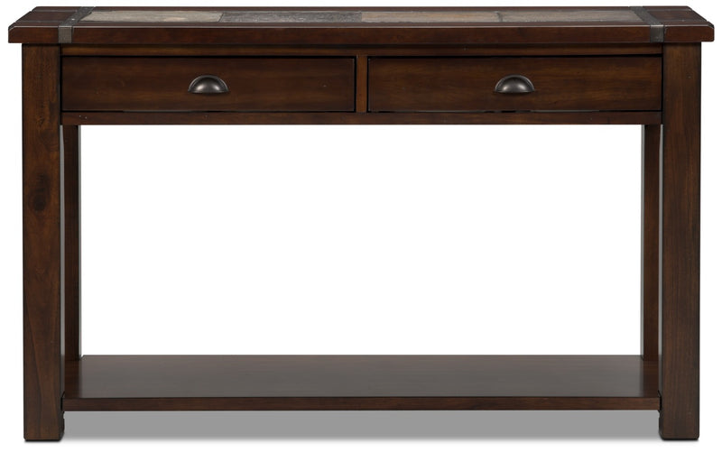 Roanoke 50\" Rustic Sofa Table with Storage and Shelf - Dark Cherry Wood and Slate Inlay