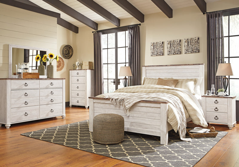 Willowton 6pc Bedroom Set with Bed, Dresser, Mirror & Nightstand, Whitewash - Queen Size