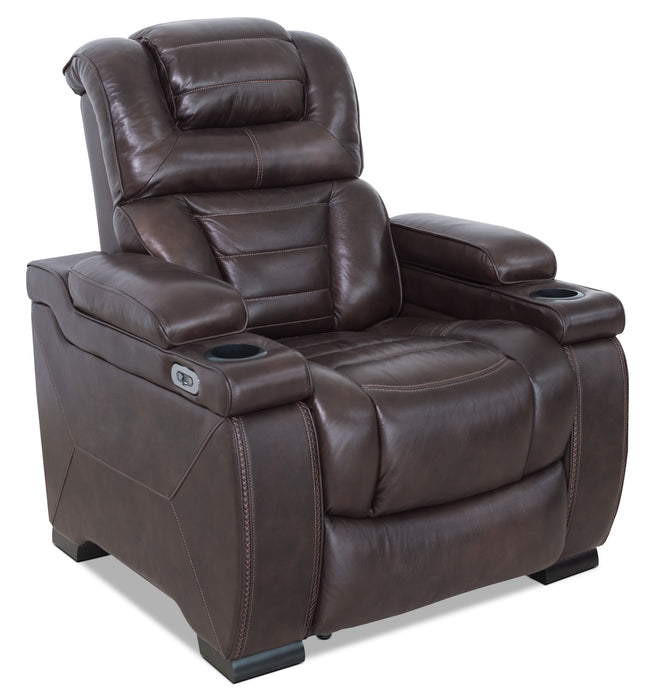 Hugo 37\" Genuine Leather Power Reclining Chair with Power Headrest, Dual Cupholders and USB Port - Brown