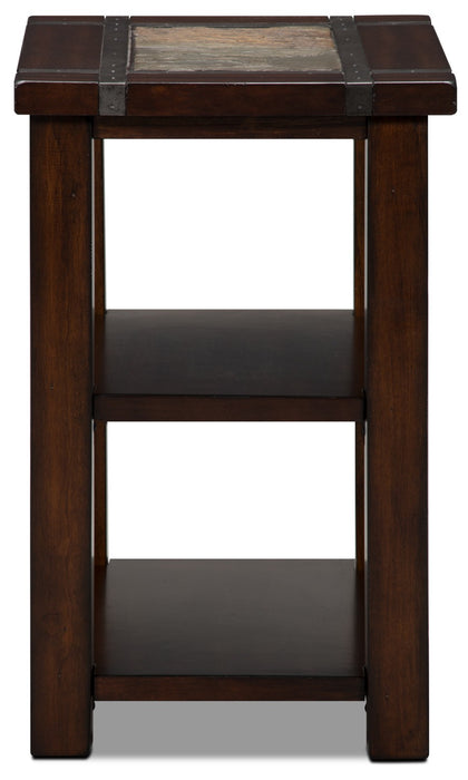 Roanoke 16\" Rustic Chairside Table with Shelf - Dark Cherry Wood and Slate Inlay