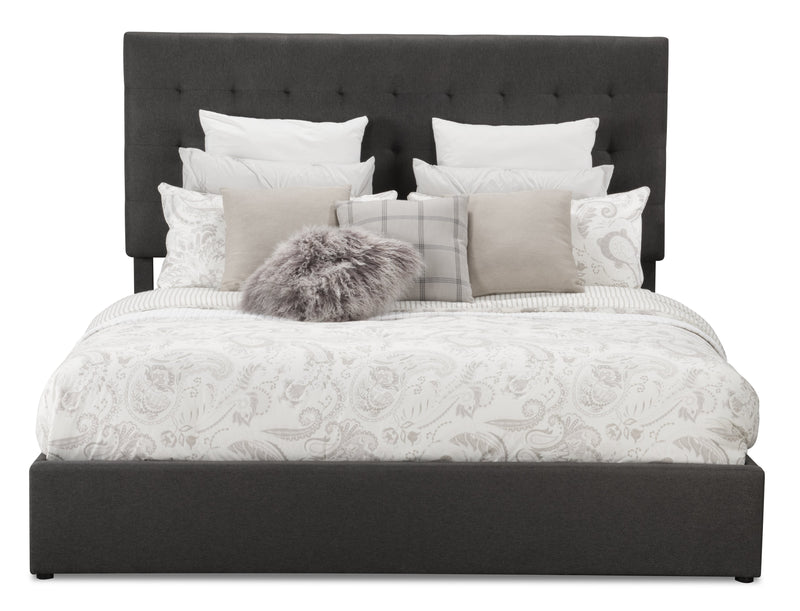 Jace Upholstered Storage Platform Bed in Grey Fabric, Tufted - King Size