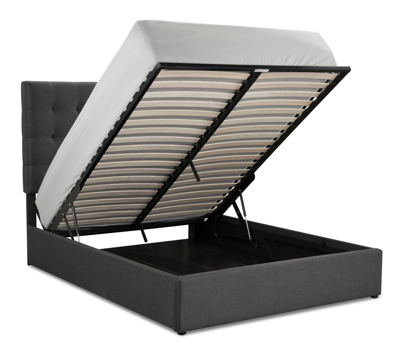 Jace Upholstered Storage Platform Bed in Grey Fabric, Tufted - Queen Size