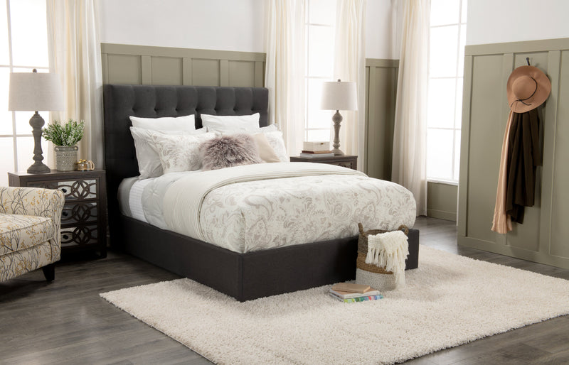 Jace Upholstered Storage Platform Bed in Grey Fabric, Tufted - Queen Size