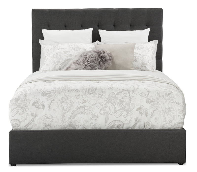 Jace Upholstered Storage Platform Bed in Grey Fabric, Tufted - Queen Size