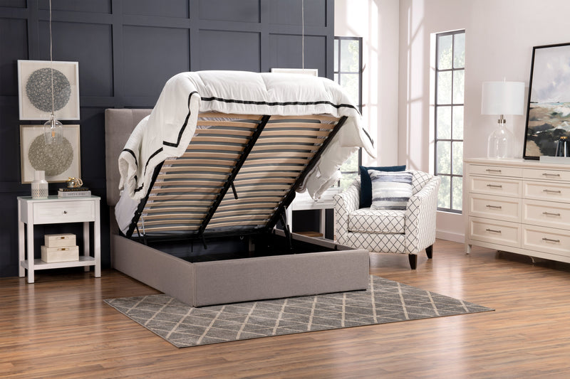 Jace Upholstered Storage Platform Bed in Taupe Fabric, Tufted - Queen Size