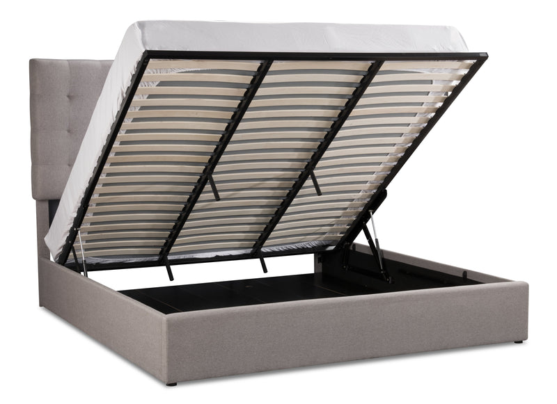 Jace Upholstered Storage Platform Bed in Taupe Fabric, Tufted - King Size