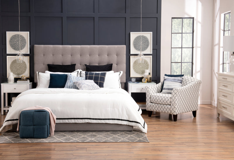 Jace Upholstered Storage Platform Bed in Taupe Fabric, Tufted - King Size