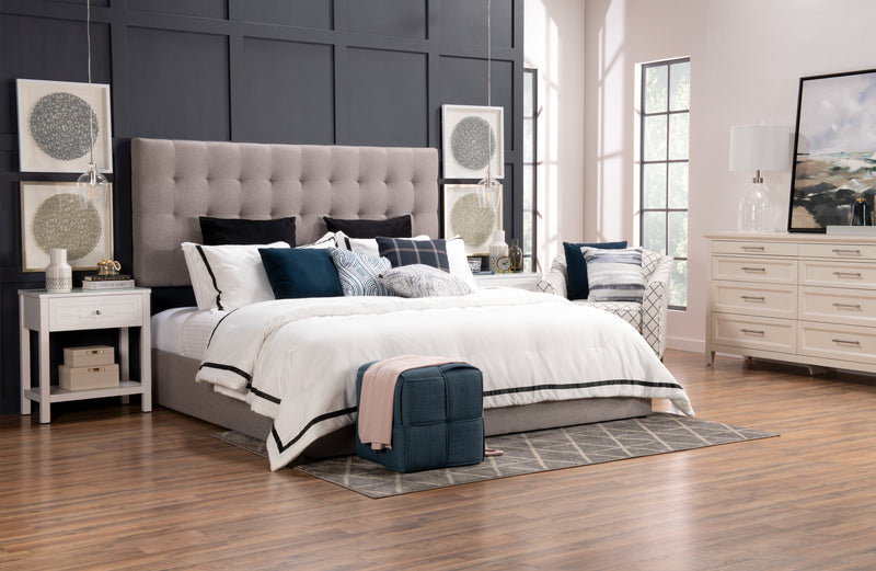 Jace Upholstered Storage Platform Bed in Taupe Fabric, Tufted - King Size