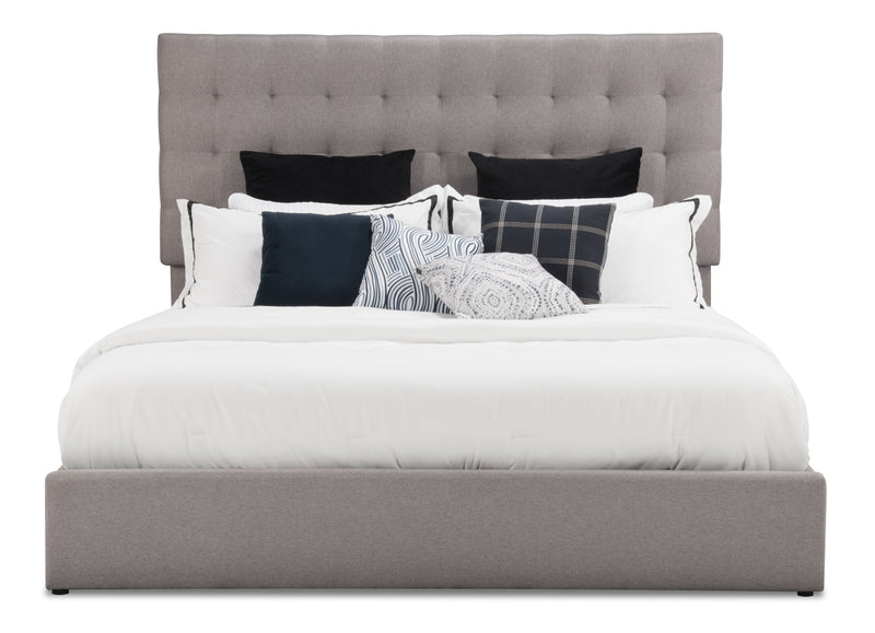 Jace Upholstered Storage Platform Bed in Taupe Fabric, Tufted - King Size