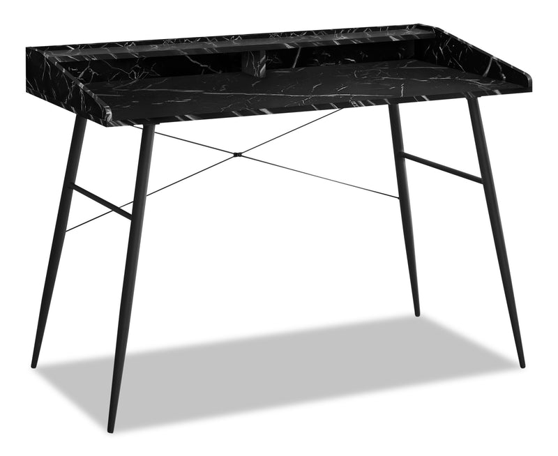 Jeremy 47.25\" Office Desk with Small Hutch - Black Marble-Look