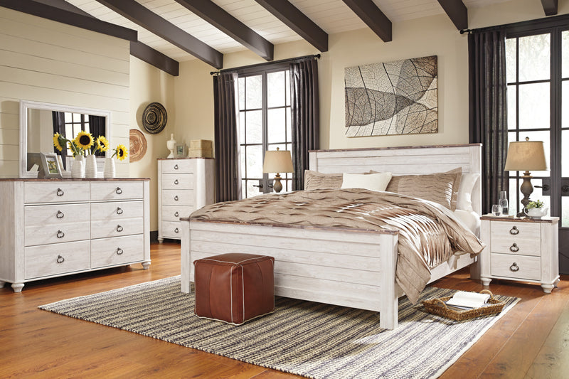 Willowton 5pc Bedroom Set with Bed, Dresser & Mirror, Whitewash - King Size