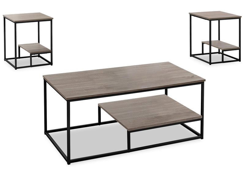 Jules 42.25\" Modern 3-Pack Coffee + 2 End Tables with Shelf - Dark Taupe with Black Metal Frame