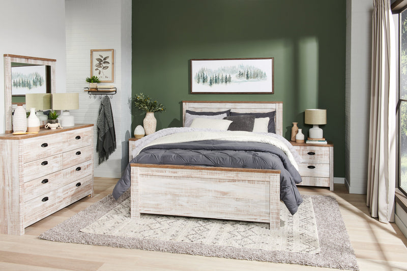 Kaia 6pc Bedroom Set with Panel Bed, Dresser, Mirror & Nightstand, Whitewash - King Size