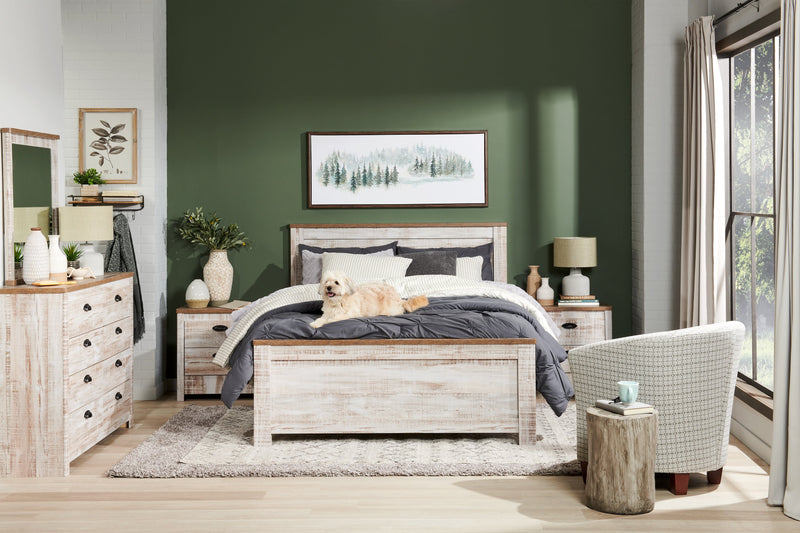 Kaia 6pc Bedroom Set with Panel Bed, Dresser, Mirror & Nightstand, Whitewash - King Size