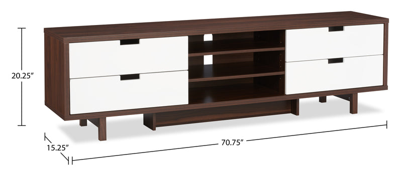 Lovran 71\" Modern TV Stand with Storage and Cable Management for TVs up to 80\"- Dark Walnut and White