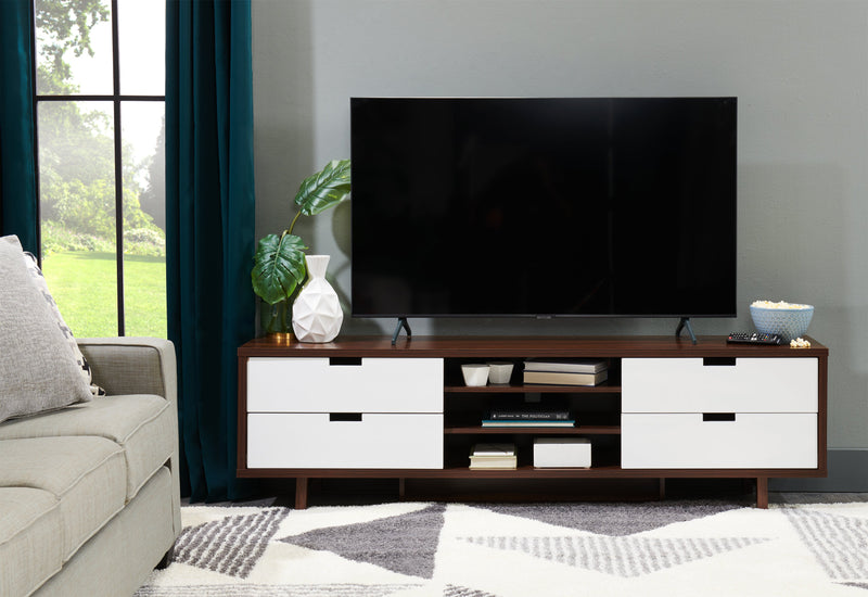 Lovran 71\" Modern TV Stand with Storage and Cable Management for TVs up to 80\"- Dark Walnut and White