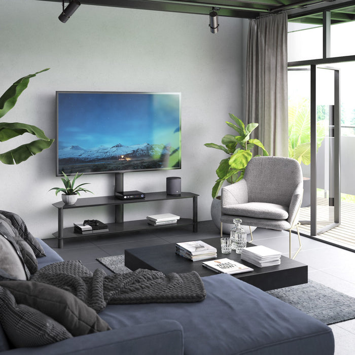 Bello 62\" Modern TV Stand with Storage and Cable Management for TVs up to 70\"- Black Metal and Glass