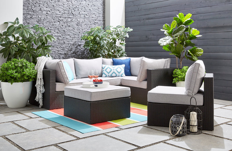 Minnesota 6-Piece Outdoor Patio Set with 3 Corner Chairs, 2 Armless Chairs & Ottoman - Hand-Woven Resin Wicker, Olefin Fabric, UV & Weather Resistant - Grey