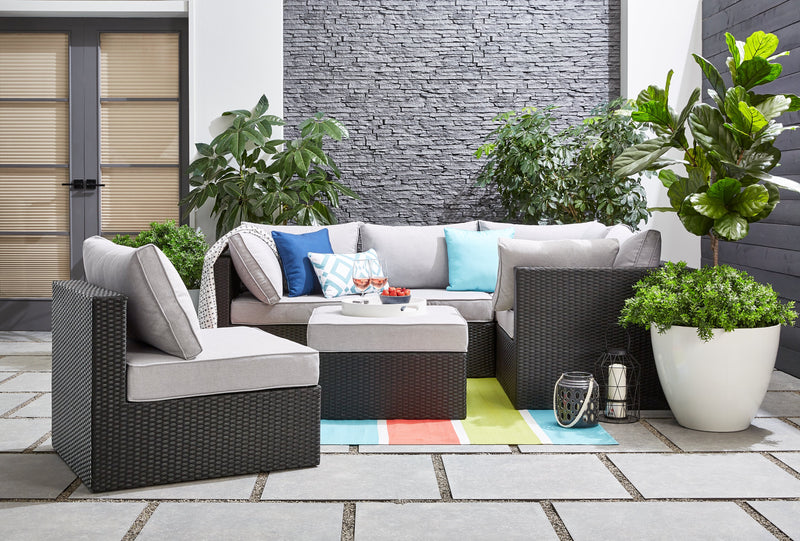 Minnesota 6-Piece Outdoor Patio Set with 3 Corner Chairs, 2 Armless Chairs & Ottoman - Hand-Woven Resin Wicker, Olefin Fabric, UV & Weather Resistant - Grey