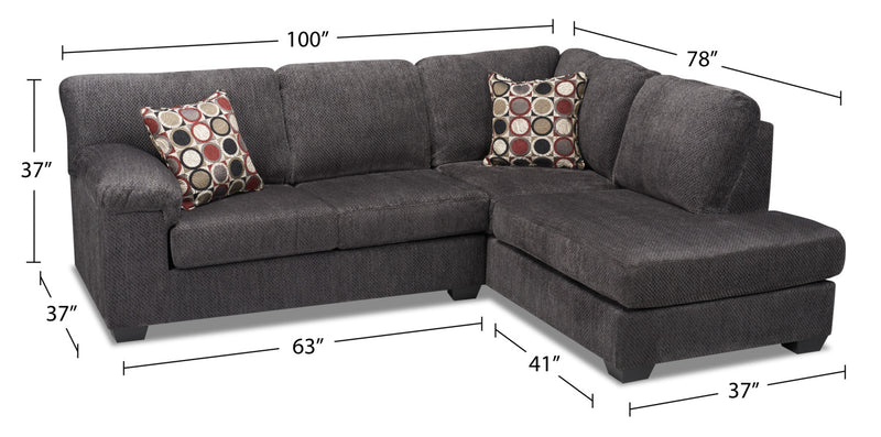Made in Canada Morty 2-Piece Right-Facing Chenille Fabric Sectional with Accent Pillows - Grey