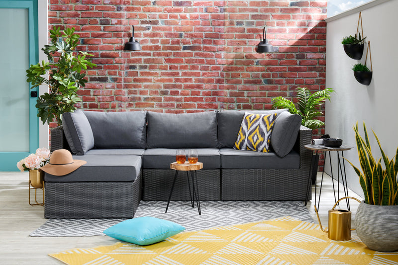 Morris 4-Piece Outdoor Patio Set with 2 Corner Chairs, 1 Armless Chair & Ottoman - Hand-Woven Resin Wicker, Olefin Fabric, UV & Weather Resistant - Grey