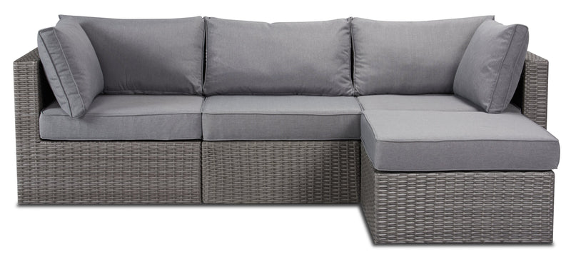 Morris 4-Piece Outdoor Patio Set with 2 Corner Chairs, 1 Armless Chair & Ottoman - Hand-Woven Resin Wicker, Olefin Fabric, UV & Weather Resistant - Grey