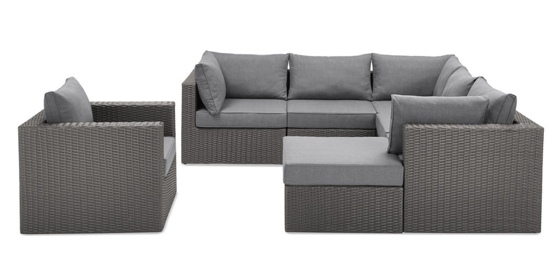 Morris 7-Piece Outdoor Patio Set with 3 Corner Chairs, 2 Armless Chairs, Patio Chair & Ottoman - Hand-Woven Resin Wicker, Olefin Fabric, UV & Weather Resistant - Grey