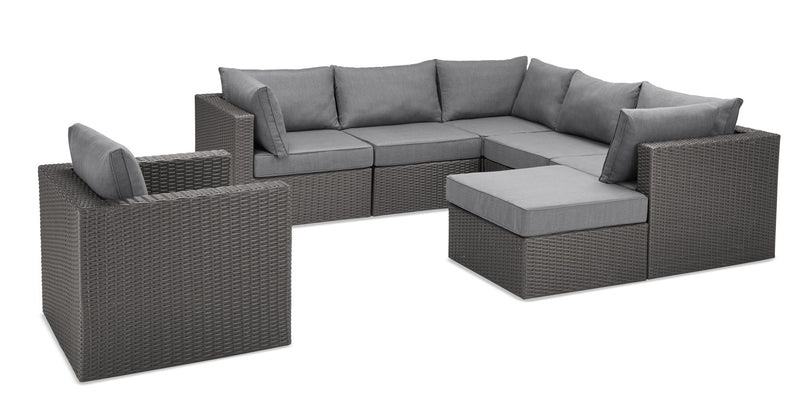 Morris 7-Piece Outdoor Patio Set with 3 Corner Chairs, 2 Armless Chairs, Patio Chair & Ottoman - Hand-Woven Resin Wicker, Olefin Fabric, UV & Weather Resistant - Grey