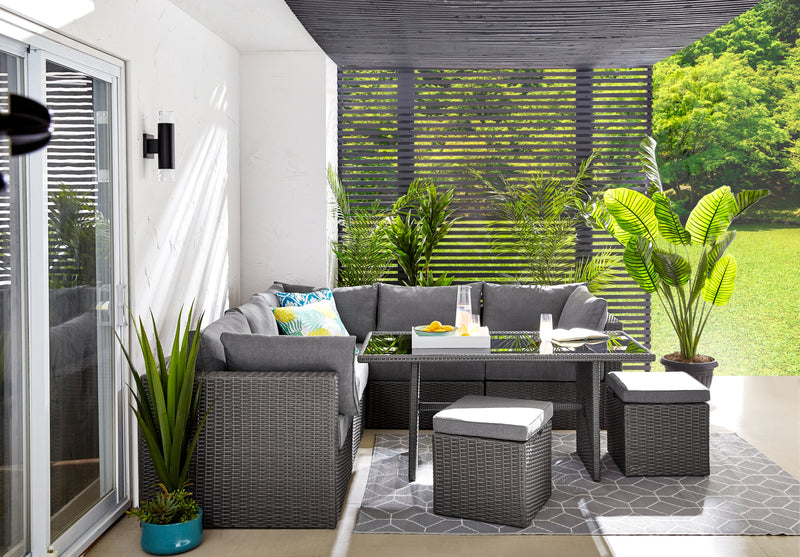 Morris Dining Height Outdoor Patio Table - Hand-Woven Resin Wicker, Glass, UV & Weather Resistant - Grey