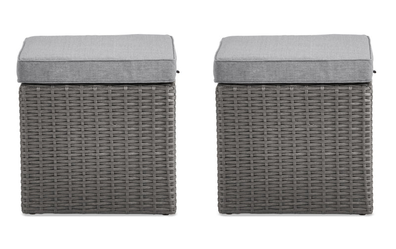 Morris Small Outdoor Patio Ottoman, Set of 2 - Hand-Woven Resin Wicker, Olefin Fabric, UV & Weather Resistant - Grey