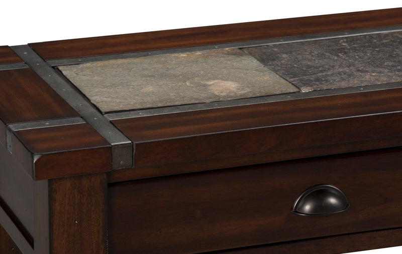 Roanoke 50\" Rustic Sofa Table with Storage and Shelf - Dark Cherry Wood and Slate Inlay