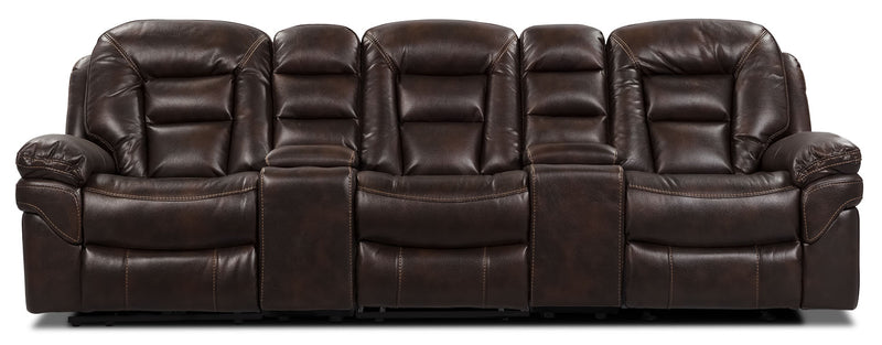 Leo 5-Piece Leather-Look Fabric Home Theatre Reclining Sectional with Storage Consoles and Cupholders - Walnut Brown