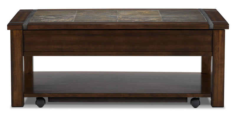 Roanoke 50\" Rustic Lift Top Coffee Table with Storage and Shelf - Dark Cherry Wood and Slate Inlay