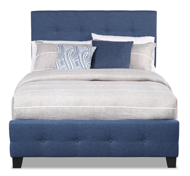 Page Upholstered Bed in Blue Linen-Look Fabric, Button Tufted - Full Size