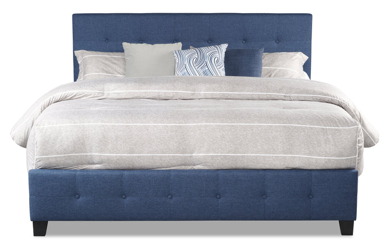Page Upholstered Bed in Blue Linen-Look Fabric, Button Tufted - King Size