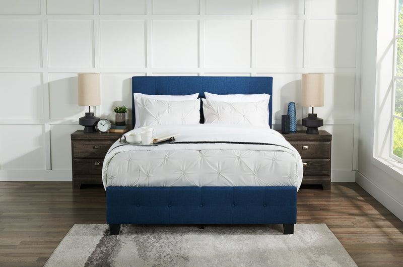 Page Upholstered Bed in Blue Linen-Look Fabric, Button Tufted - Queen Size