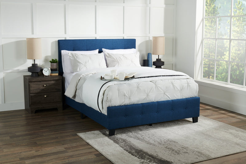 Page Upholstered Bed in Blue Linen-Look Fabric, Button Tufted - King Size