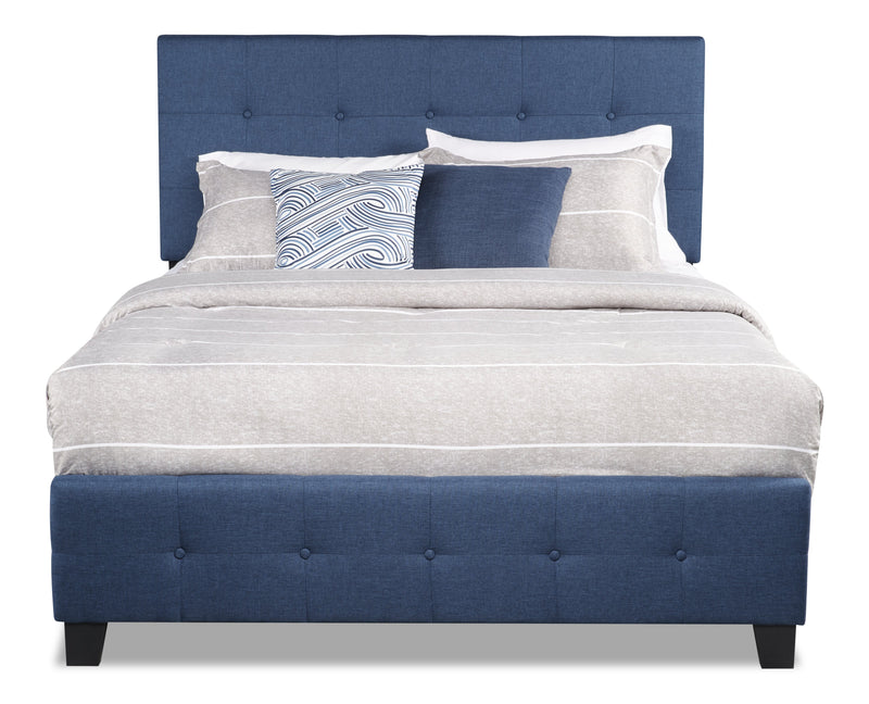 Page Upholstered Bed in Blue Linen-Look Fabric, Button Tufted - Queen Size