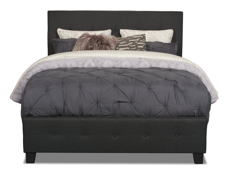 Page Upholstered Bed in Charcoal Linen-Look Fabric, Button Tufted - Full Size