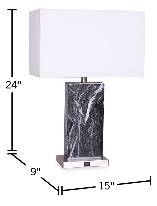 Pearl 24\" Black and White Marble 2-Piece Set, with Two Table Lamps and USB Charging
