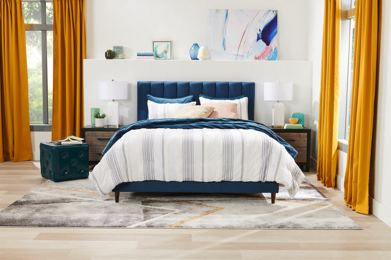 Kort & Co. Rain Upholstered Platform Bed in Blue Fabric, Tufted - King Size