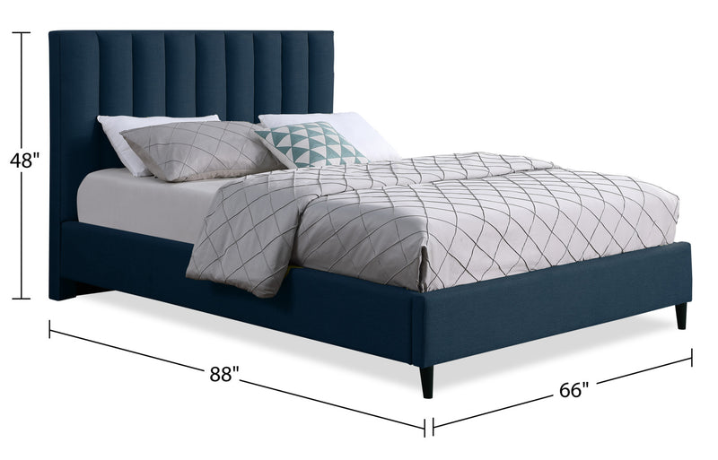 Kort & Co. Rain Upholstered Platform Bed in Blue Fabric, Tufted - Queen Size