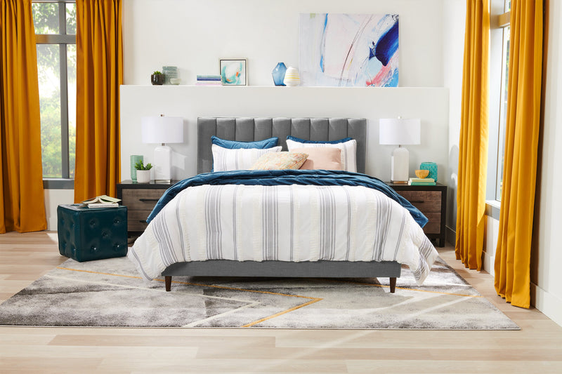 Kort & Co. Rain Upholstered Platform Bed in Grey Fabric, Tufted - Queen Size