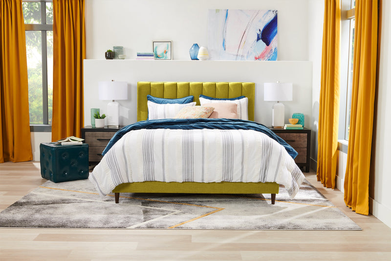 Kort & Co. Rain Upholstered Platform Bed in Green Fabric, Tufted - Queen Size