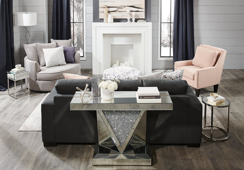 Rosie 47.5\" Glam Mirror & Glass Top Sofa Table - Silver Metal with Diamond Look Legs