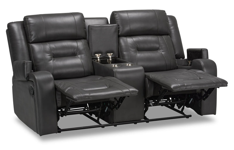 Ryker 72.24\" Leather-Look Fabric Reclining Loveseat with Storage Console - Grey